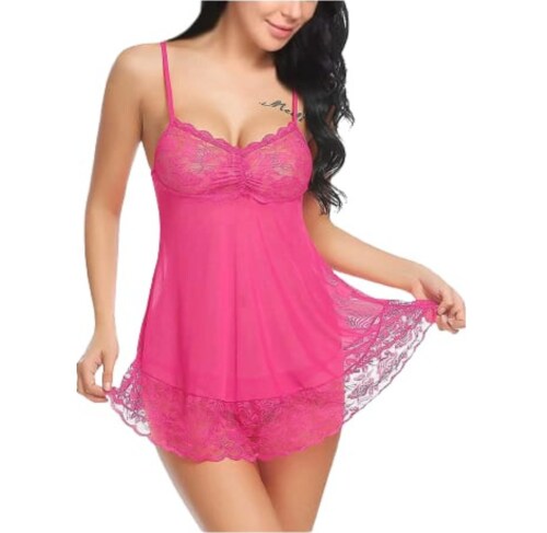 FASHION BONES Hot & Sexy Baby Doll Dress | Babydoll Bikini Set | Non-Padded Bra & Panty | Lingerie Set for Honeymoon Sleepwear Nightwear for Women Sexy Night Dress for Special Night (Pink) (Free Size)