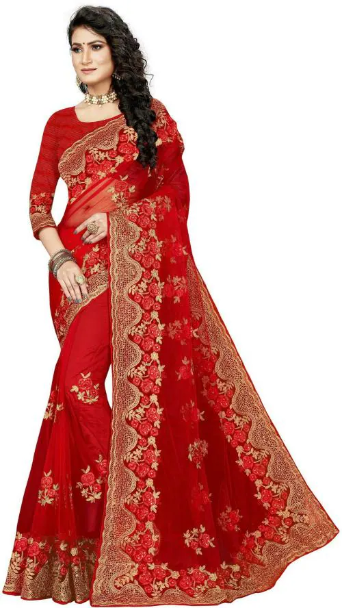 Manvaa Women Red Embroidered Net Saree