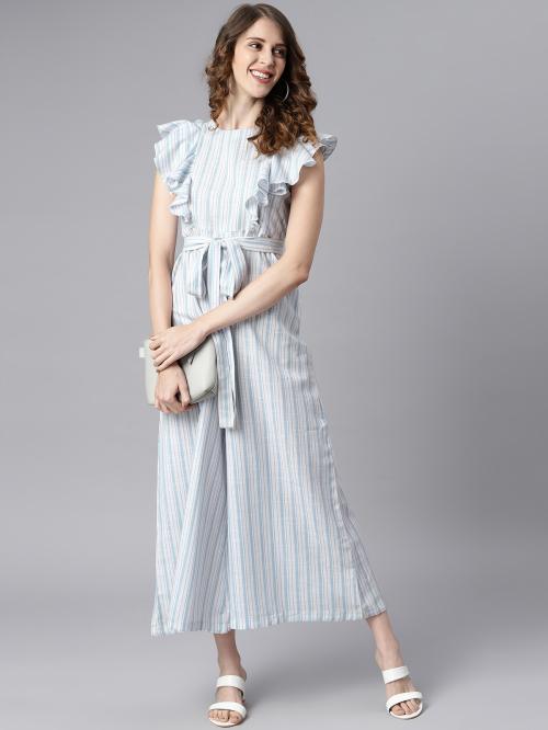 Janasya Women's White Cotton Slub Stripes Jumpsuit