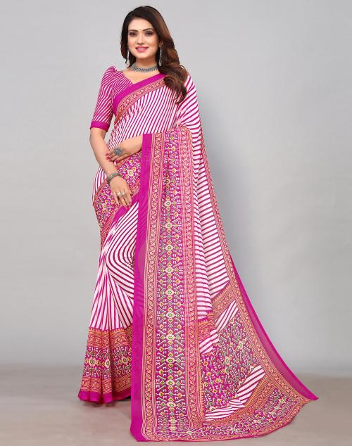 Siril Georgette White & Pink Color Saree with Blouse piece | sarees for Women| saree | sarees