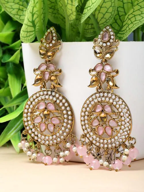Zeneme Gold-Plated Alloy Kundan And Pearls Studded Antique Classic Drop Earrings For Women