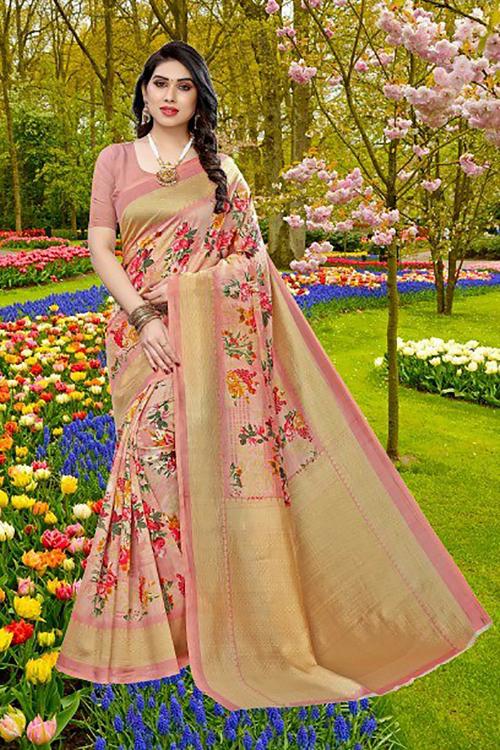 Saran Women Perfect Peach Pure Silk, Art Silk Saree