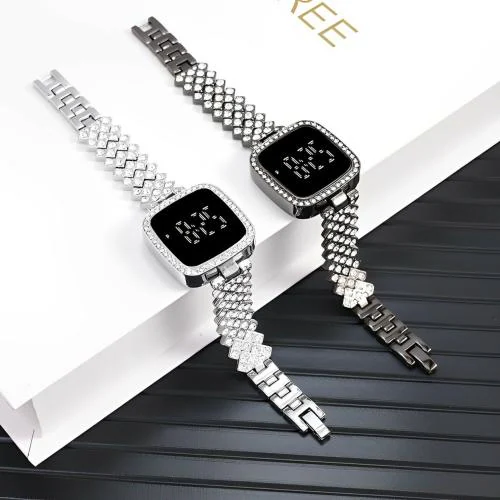 LAZYwindow Luxury LED Touch Screen Digital Watch For Girls & Women CZ Stone Bracelet Watch Elegant Timepiece (Black & Silver) Pack of 2