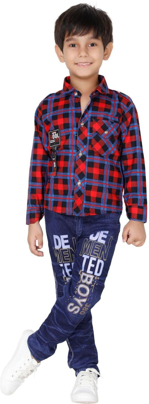 Dkgf Fashion Boys Red Self Design Cotton Blend Shirt Jeans