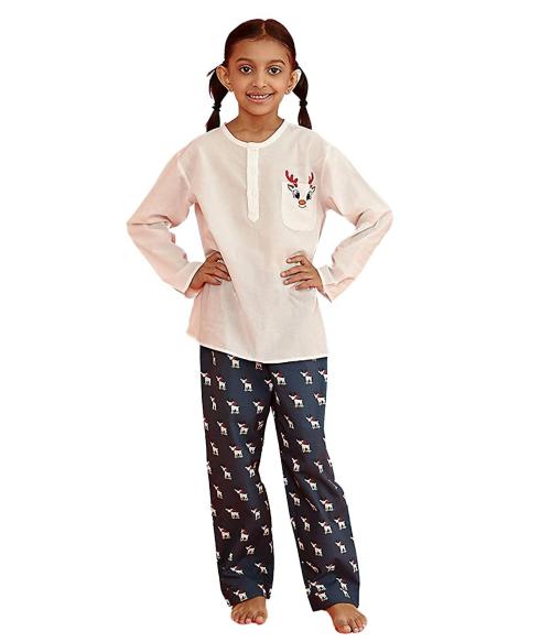 Giggle Buns Kids Dark Blue, White Funprint Cotton Round Neck Collared Night Suit (8-9 Years)