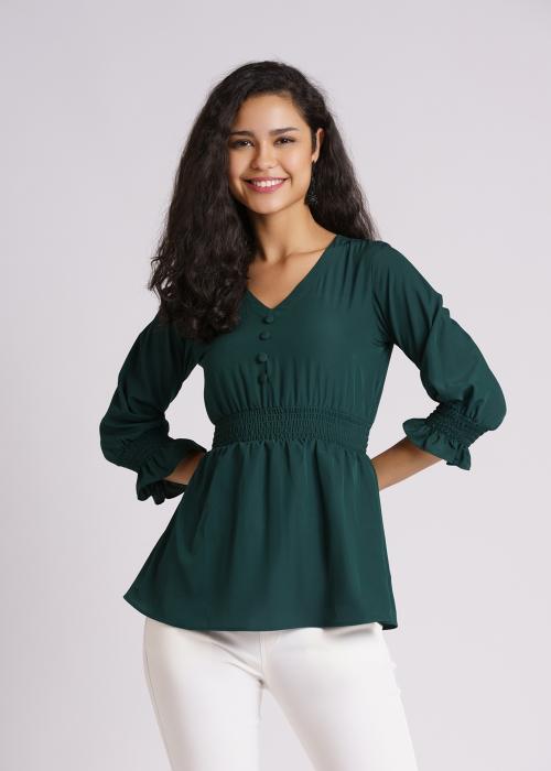AASK Casual Wear Smocked Top Western wear V Neck tops for women & Girl Green Color