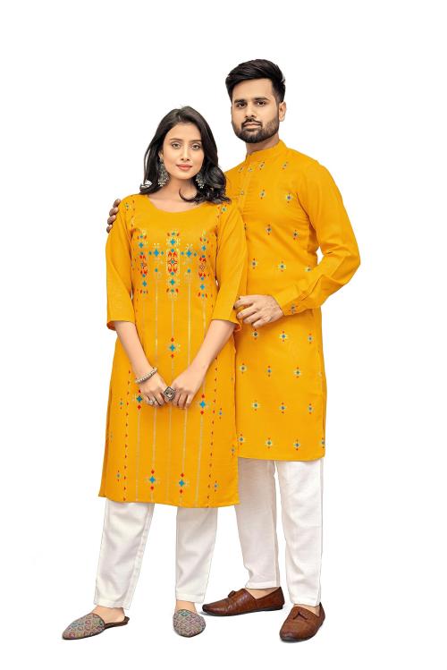 Zarkle Men And Women Yellow Foil Print Pure Cotton Couple Kurta Kurti Set (Men-Xl And Women-Xl)