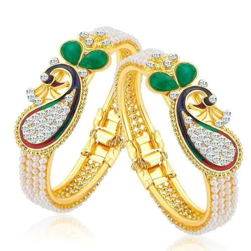 Sukkhi Glittery Pearl Gold Plated Peacock Meenakari Austrian Diamond Kada Combo For Women