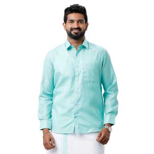 UATHAYAM Xpress Mint Greenish Blue Cotton Rich Full Sleeve Solid Slim Fit Shirt & Dhoti Set for Men Pack of 1