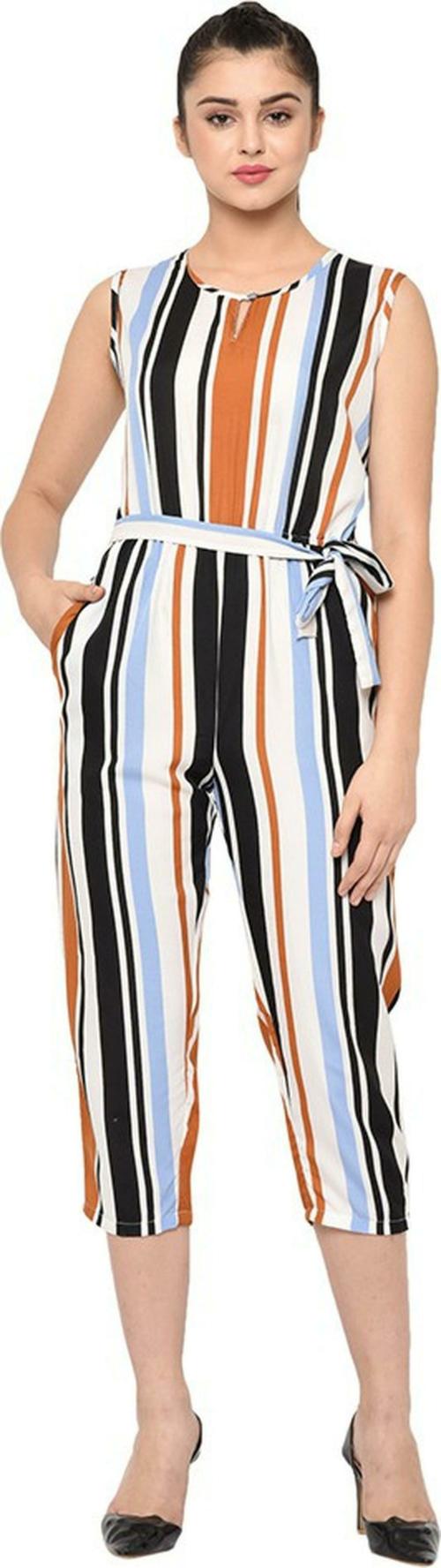 Lilyn Women Black Mustard Striped Crepe Jumpsuit (size XL)