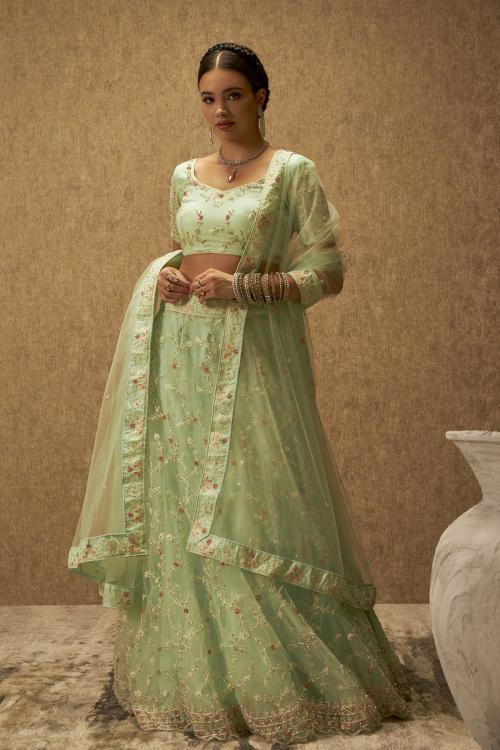 Soch Women's Green Net Embellished Unstitched Lehenga Set