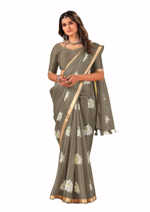 CHUDIYA Women's Cotton Grey Floral Printed Saree With Unstitched Blouse (Grey)