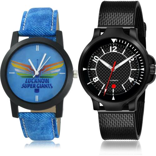 NIKOLA Best 3D Design Lucknow Super Giants (Lsg) Ipl Blue And Black Colour Analog Genuine Leather And Plastic Belt 2 Watch Combo For Boys And Men - IPL10-(66-S-10)