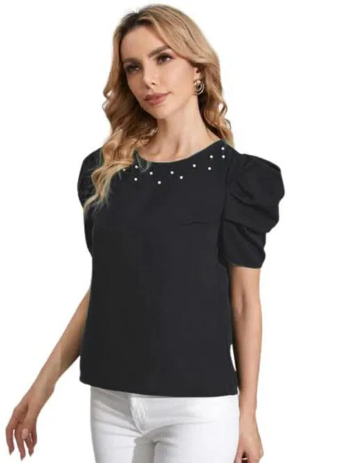 Tashi Fashion Dhanshvi Women Black Pearl Work Crepe Top (L)