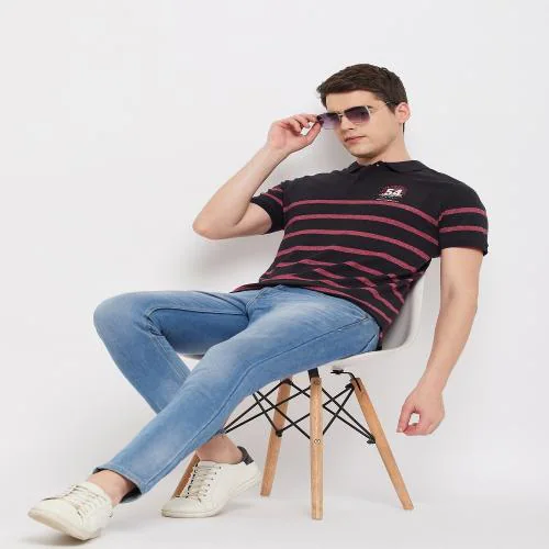 CLUB YORK Men Navy Striper Polo Collar T-Shirt