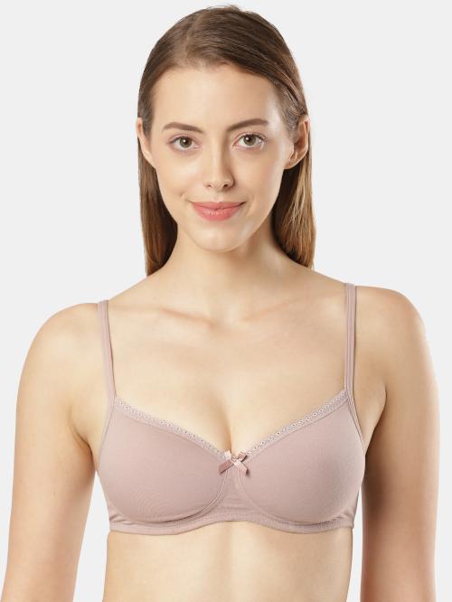 Women's Wirefree Padded Super Combed Cotton Elastane Stretch Medium Coverage Lace Styling T-Shirt Bra with Adjustable Straps - Mocha