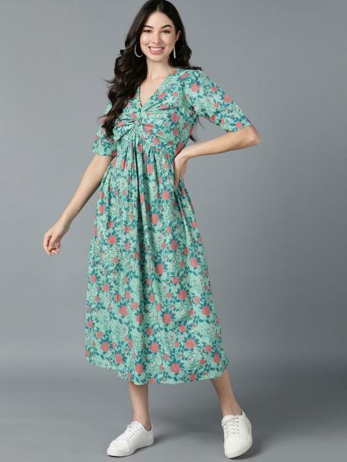 Vaamsi Green Cotton Abstract Printed Dress