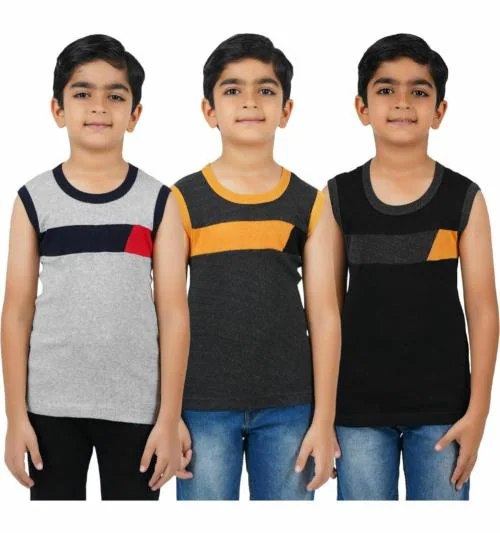 Metro Stitch Boys Black, Melange, Charcol Melange Self Design Cotton Pack Of 3 Vest (9-10 Years)