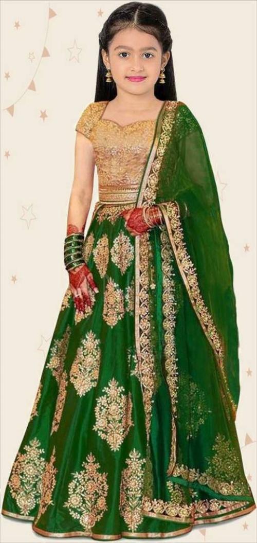 DIZVU Girls Green Embroidered Satin Ghagra, Choli and Dupatta Set - 9-10 Y