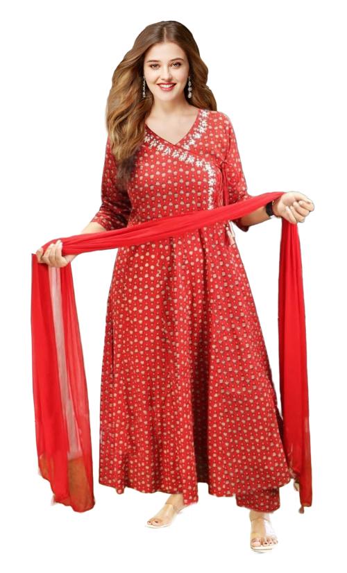 Clickedia Womens Fully Stitched Rayon Printed Angrakha Kurti with Thread Work , Embroidered and Chiffon Dupatta with Pants Jaipuri Salwar Suit
