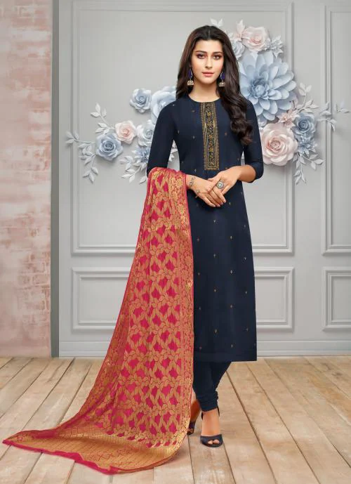 Navy Blue & Pink Uppada Silk Women's Salwar Suit With Banarasi Dupatta