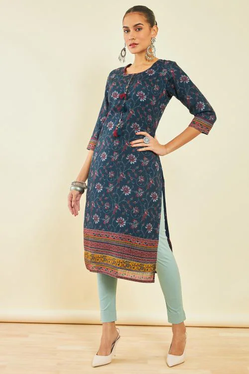 Buy Soch Blue Polyester Kurta With Kalamkari Print And Tassels Online
