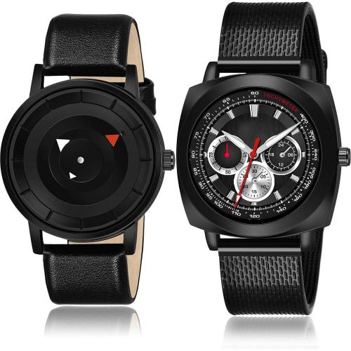 GROOT Brand New Tread Speedometer Black Colour Analog Genuine Leather And Plastic Belt 2 Watch Combo For Boys And Men - BM9-(14-S-10)