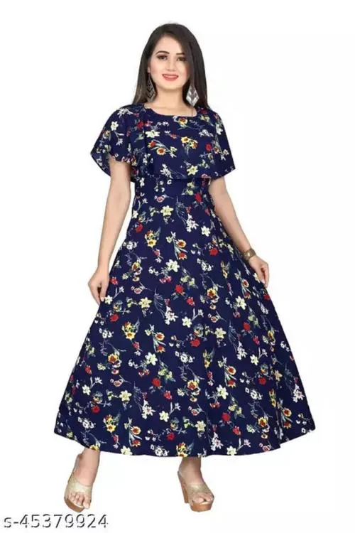 NRVA Women's Fashionable Crepe Kurti- Vibrant Prints, Short Sleeves, & Stylish Comfort- Navy Blue- M