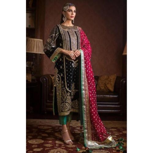 Jatriqq Women Black Embroidered Velvet Semi Stitched Kurta With Churidar