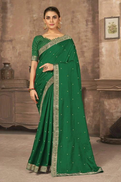 Sutram Women's Dark Green Booti Work Vichitra Silk Saree With Unstitch Blouse Piece