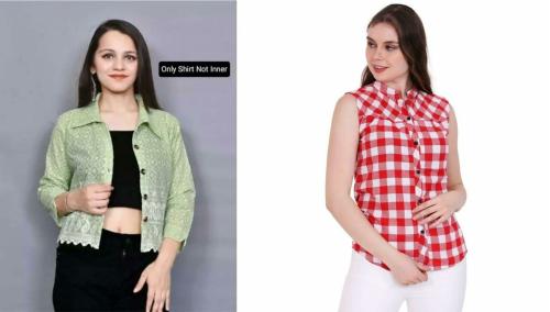 Wingzss Women's Combo Regular Fit Shirt-Pink Check Bandi and Green Embroidered Shirt (Medium)