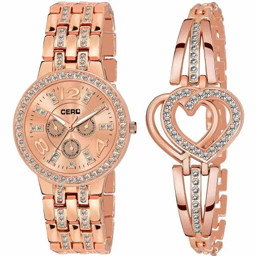 CERO ROSE-Diamond Analog Rose Gold Dial And Rose Gold Strap Watch With Bracelet For Women