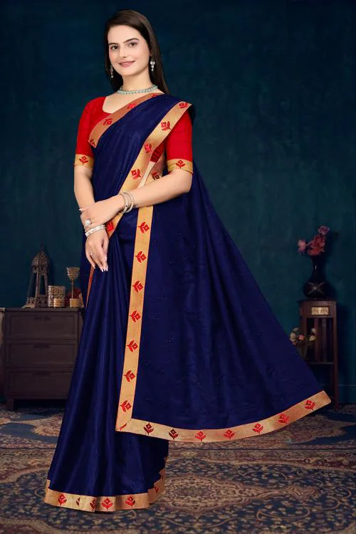 Om Shantam sarees Navy Blue Embellished, Temple Border Bollywood Georgette, Silk Blend Sarees
