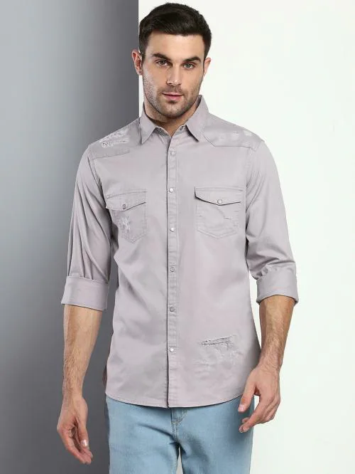 Dennis Lingo Men's Slim Fit Pure Cotton Solid Full Sleeves Casual Shirt (L-Grey)