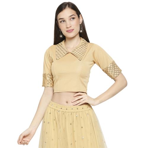 Salwar Studio Women's Gold Cotton Lycra Solid with sequence Stretchable Readymade Saree Blouse