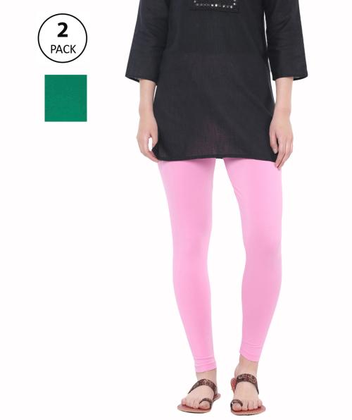 Dollar Women's Missy Cotton Slim Fit Rama Green and Light Pink Multicolor Pack of 2 Ankle Length Leggings