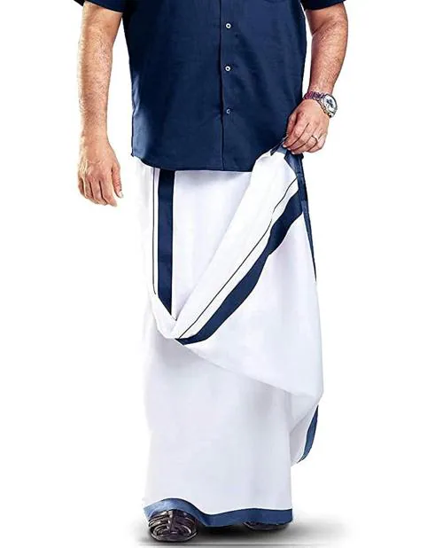Suman Tex Ragini V Men White, Blue Cotton Double Dhoti With Border (4 Mm)