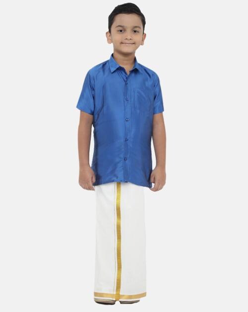 RAMRAJ COTTON Boys Red White Shirt with Dhoti Pant