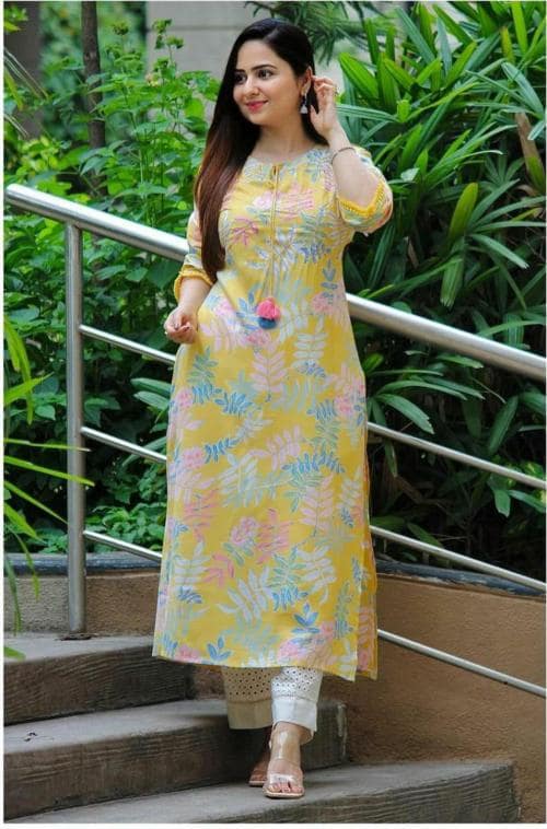 WGC Women White, Yellow Printed Cotton Rayon Flared Kurta