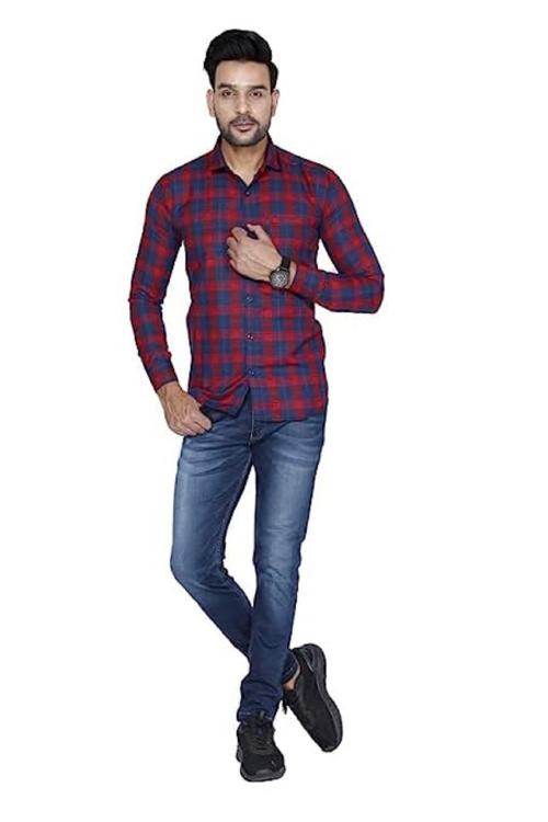 VINEBURRY Men's Red Checks Shirt Checkered Regular-Fit Shirts Full Sleeves Formal Shirts for Men's Wear
