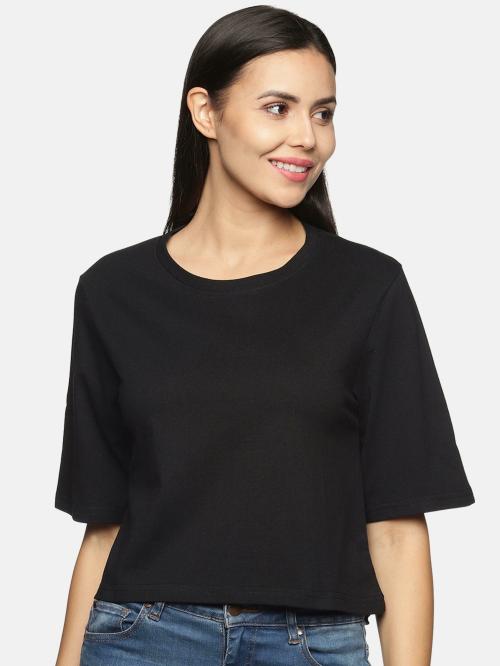BEVERLY BLUES Women's Drop Shoulder Solid Black Crop Tshirts