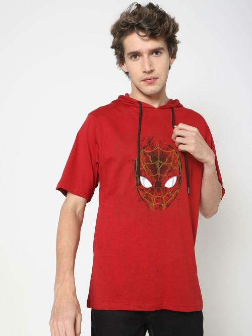 Bewakoof Men's Red Hola Peter Graphic Printed Hooded Neck Short Sleeve Oversized T-shirt