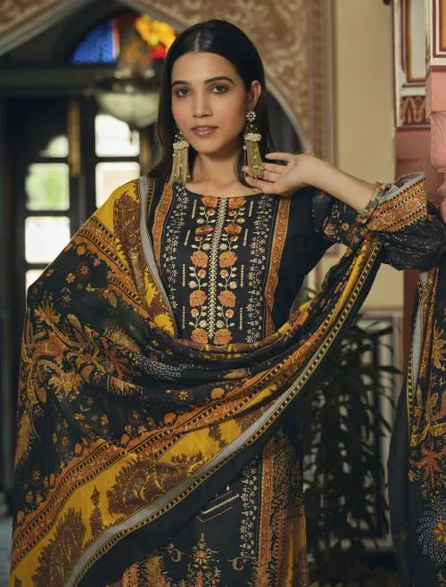THE JAZZBAAT Unstitched Pakistani Print Embroidered Cotton Salwar Suit Dress Materials with Dupatta (Black) Unstitched Dress Material For Women (Black)