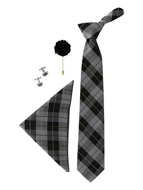 Mensome Men's Black Check Neck Tie Formal Set Combo with Pocket Square, Cufflinks and Lapel Pin in Gift Box