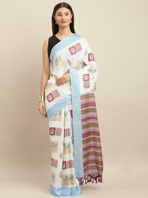 VASTRANAND Women White Jute Blend Printed Saree