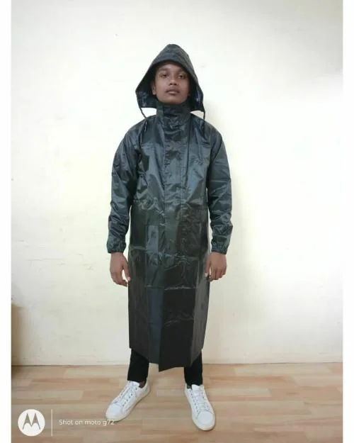 BENZION Water Proof Long Rain Coat With Adjustable Hood For Mens - Black - Large