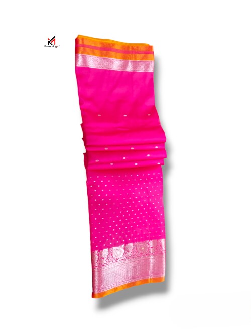 KALRA MAGIC Soft Pure Silk Woven Border 5 Inch Unstitched 0.80Mt / 1Mt Blouse for Banarsi & Kanjivaram Saree Length 5.5 Silk Butti 8 Inch Heavy Saree Thread Hand Work (Amzon Silk 01-Rani PInk)