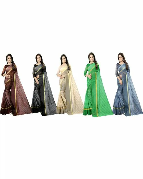 VKARAN Women's Multicolor Cotton Silk Stripes Printed Combo Saree(Pack of 5,FL-RSTCOM-5_5)