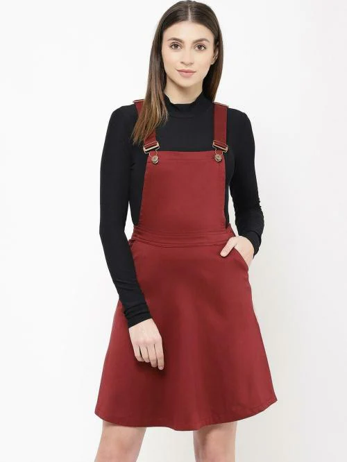 UR SENSE Women Brown, Black Pure Cotton Pinafore Dress