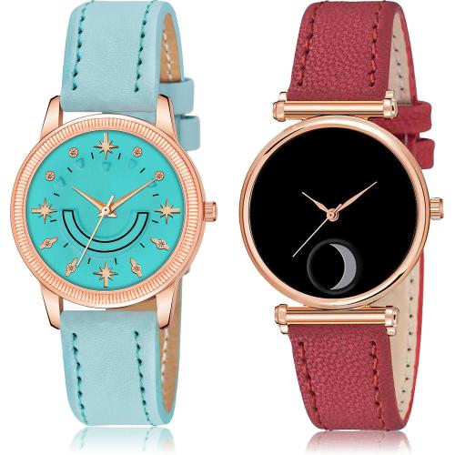NEUTRON Latest Party Wedding Star And Casual Royal Blue And Red Colour Analog Genuine Leather Belt 2 Watch Combo For Women And Girls - GW64-GCPL30
